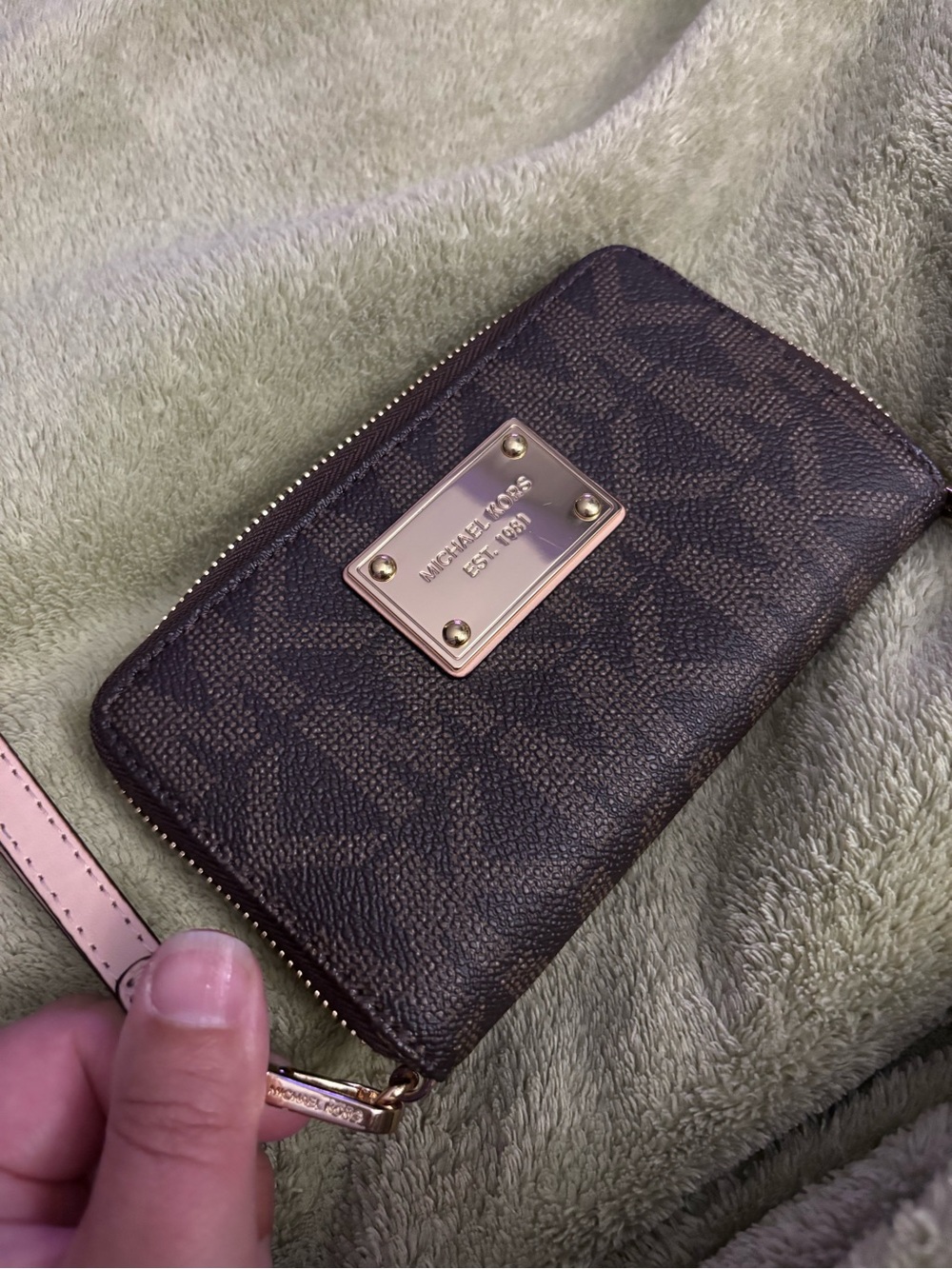 Michael Kors Brown Monogram Zip Wristlet with Gold Plate